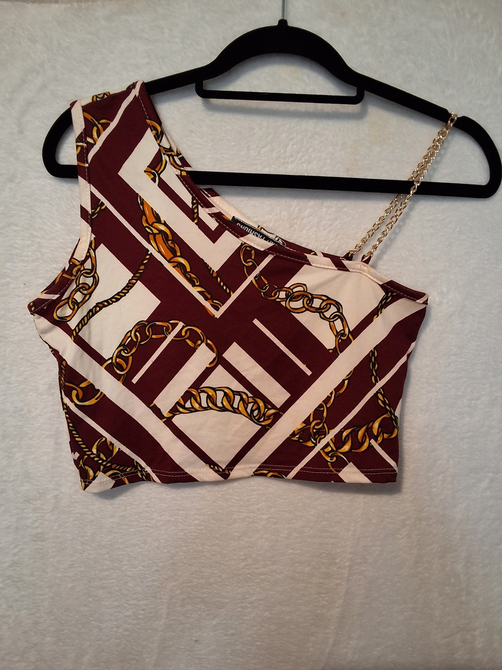 Asymmetric Chain-Detail Crop Top - Maroon & Cream